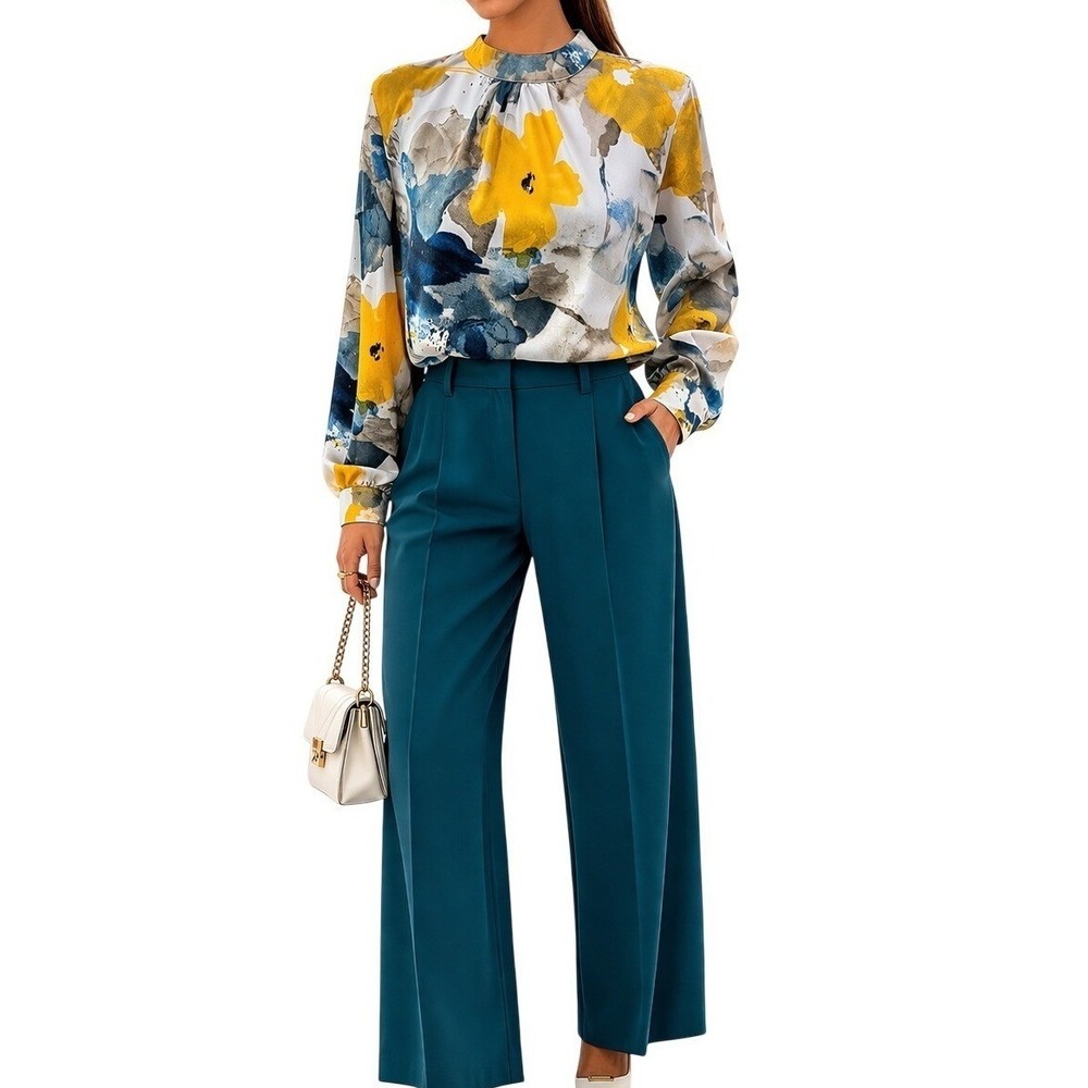 SHEIN Women Yellow Blue Watercolor Floral‎ Mock Neck Long Sleeve Blouse Size M